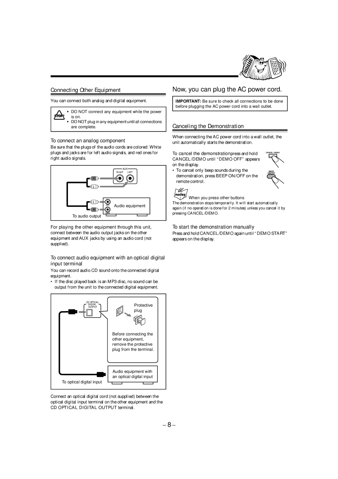 JVC HX-Z3 manual Connecting Other Equipment, Canceling the Demonstration, To connect an analog component 