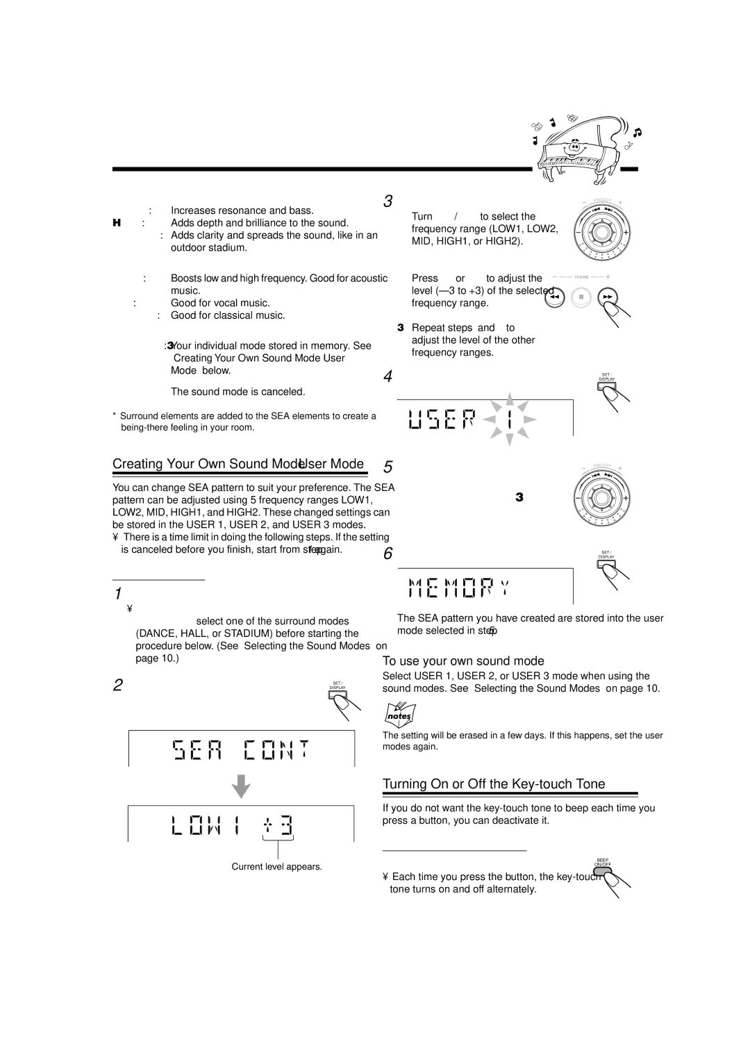 JVC HX-Z3 manual Turning On or Off the Key-touch Tone, Creating Your Own Sound Mode-User Mode, To use your own sound mode 