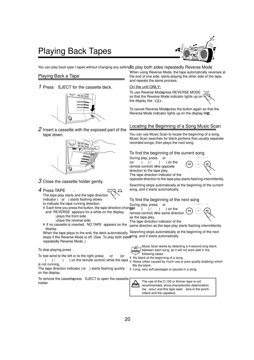 JVC HX-Z3 manual Playing Back Tapes, Playing Back a Tape, Locating the Beginning of a Song-Music Scan 