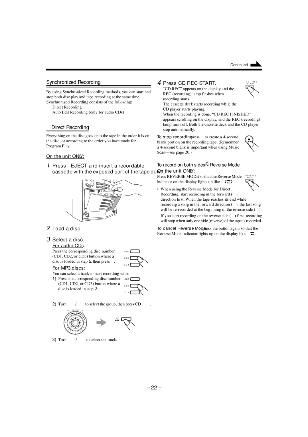 JVC HX-Z3 manual Synchronized Recording, Direct Recording, Press CD REC Start, Load a disc Select a disc 