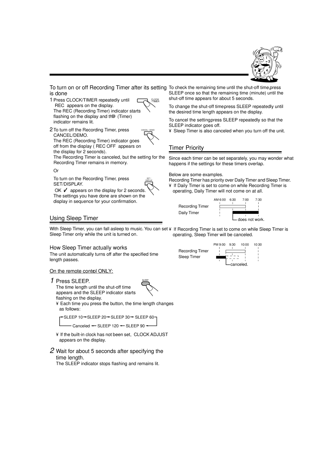 JVC HX-Z3 manual Using Sleep Timer, Timer Priority, To turn on or off Recording Timer after its setting is done 