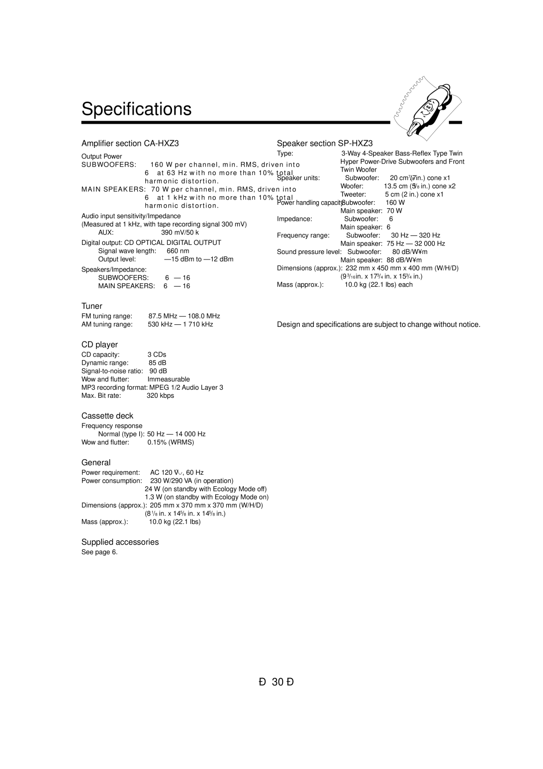 JVC HX-Z3 manual Specifications, At 63 Hz with no more than 10% total, Harmonic distortion 