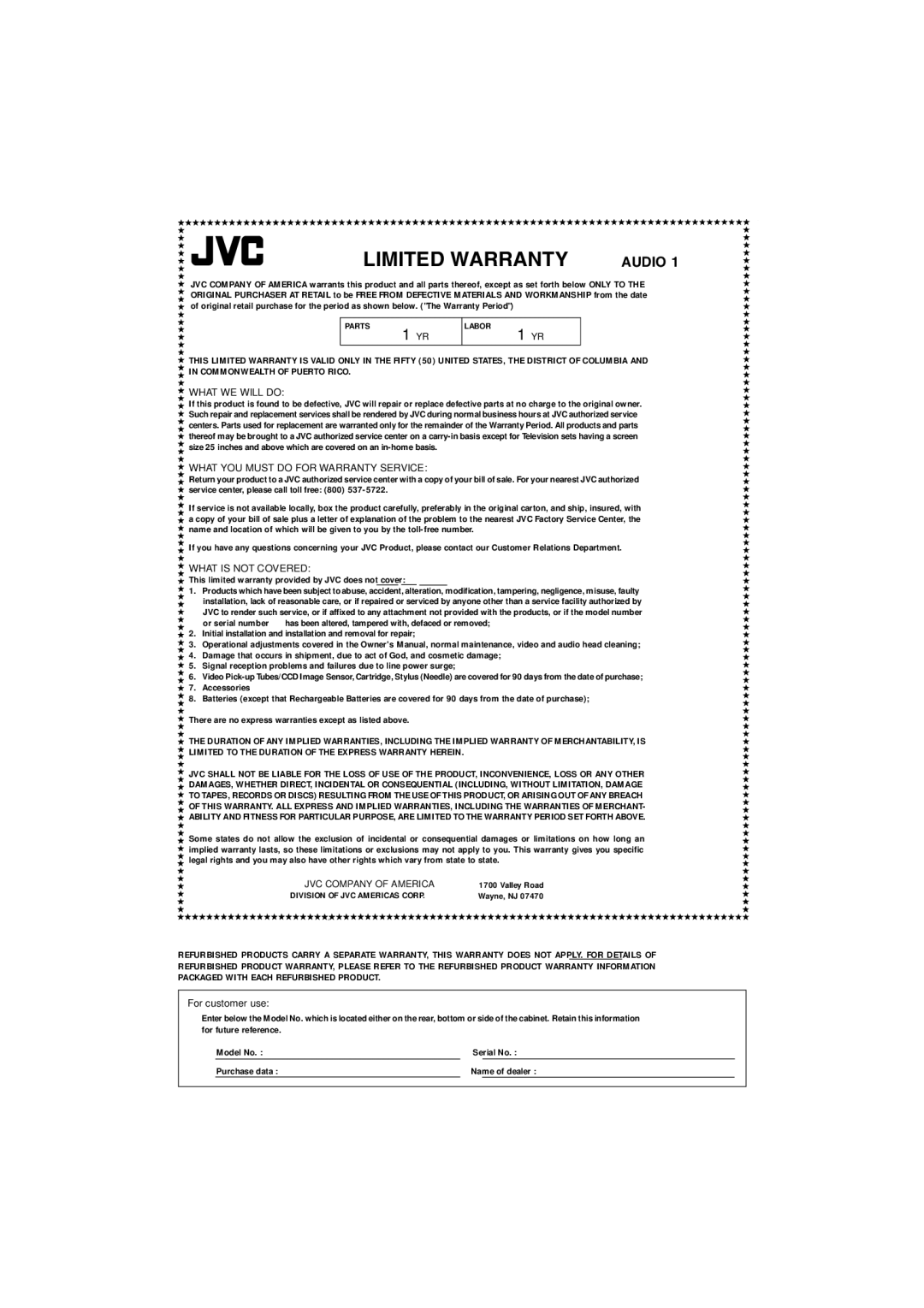 JVC HX-Z3 manual Limited Warranty 