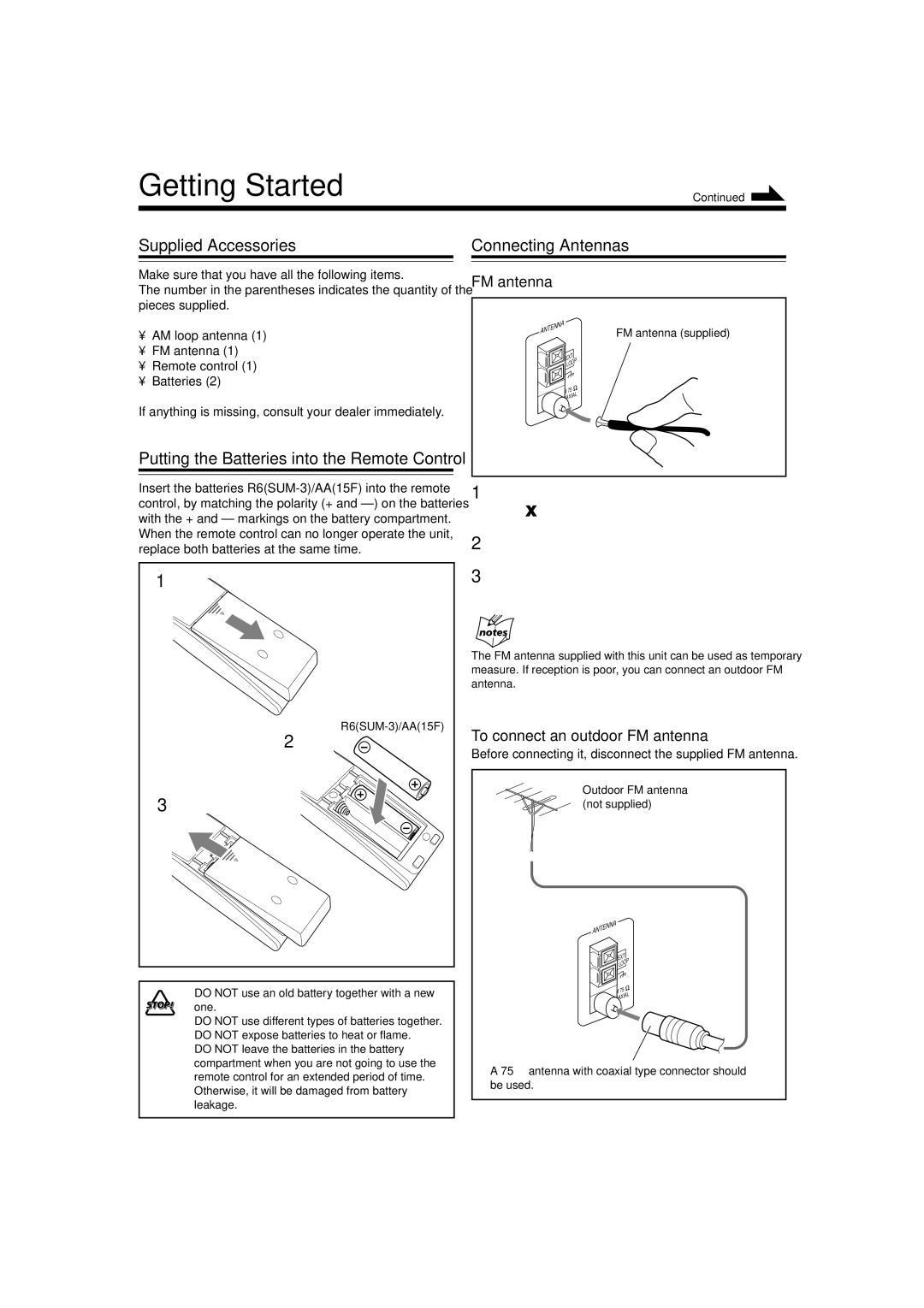 JVC HX-Z3 manual Getting Started, Supplied Accessories Connecting Antennas, To connect an outdoor FM antenna 