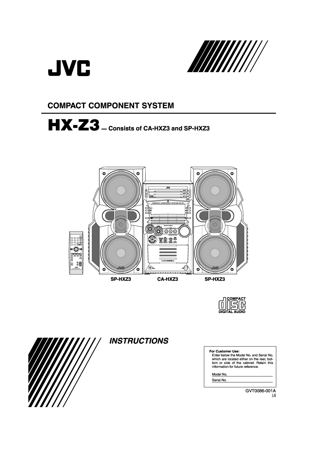 JVC manual HX-Z3- Consists of CA-HXZ3and SP-HXZ3, Compact Component System, Instructions, GVT0086-001A, Olume, Eset 