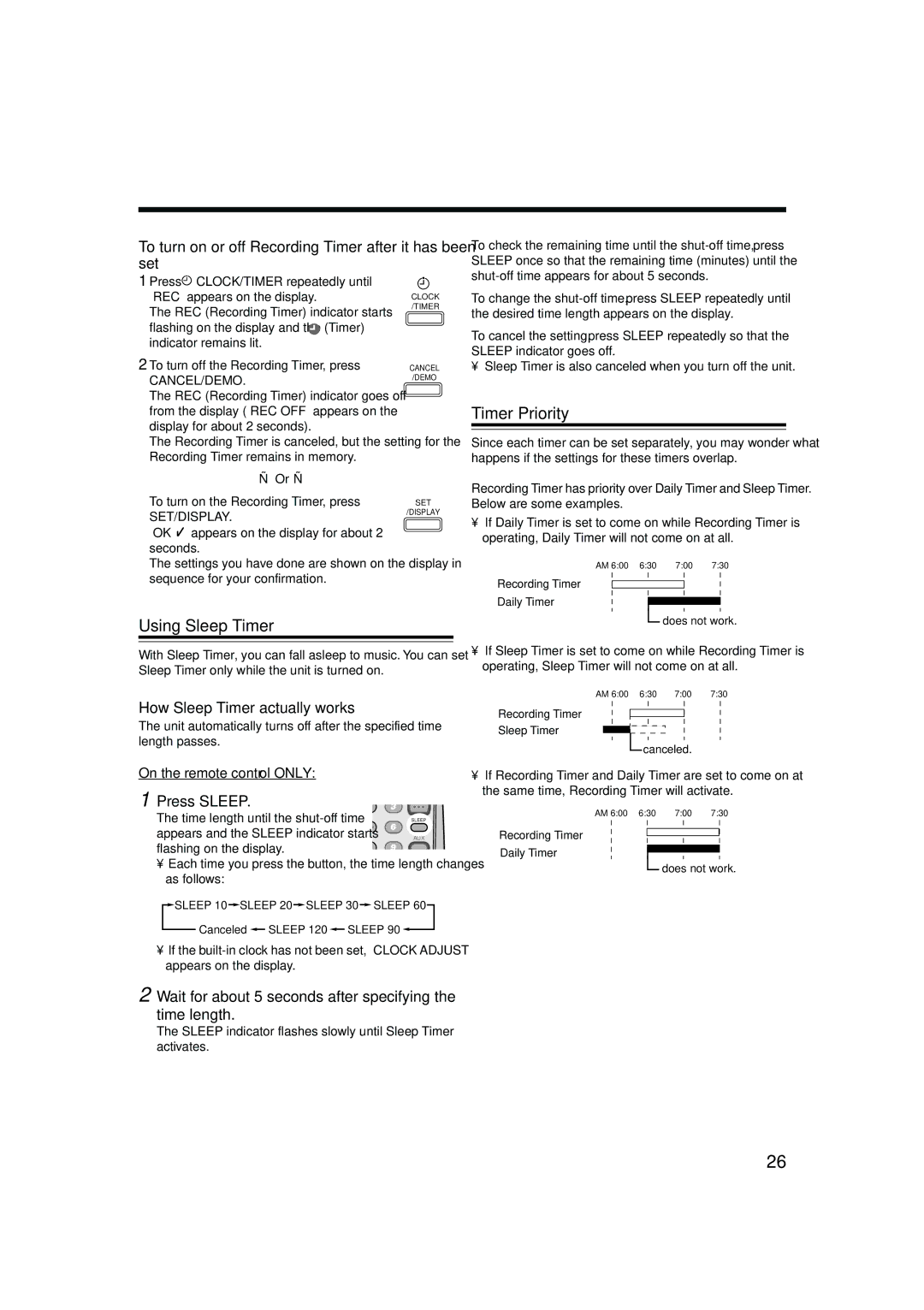 JVC HX-Z30 manual Using Sleep Timer, Timer Priority, To turn on or off Recording Timer after it has been set 