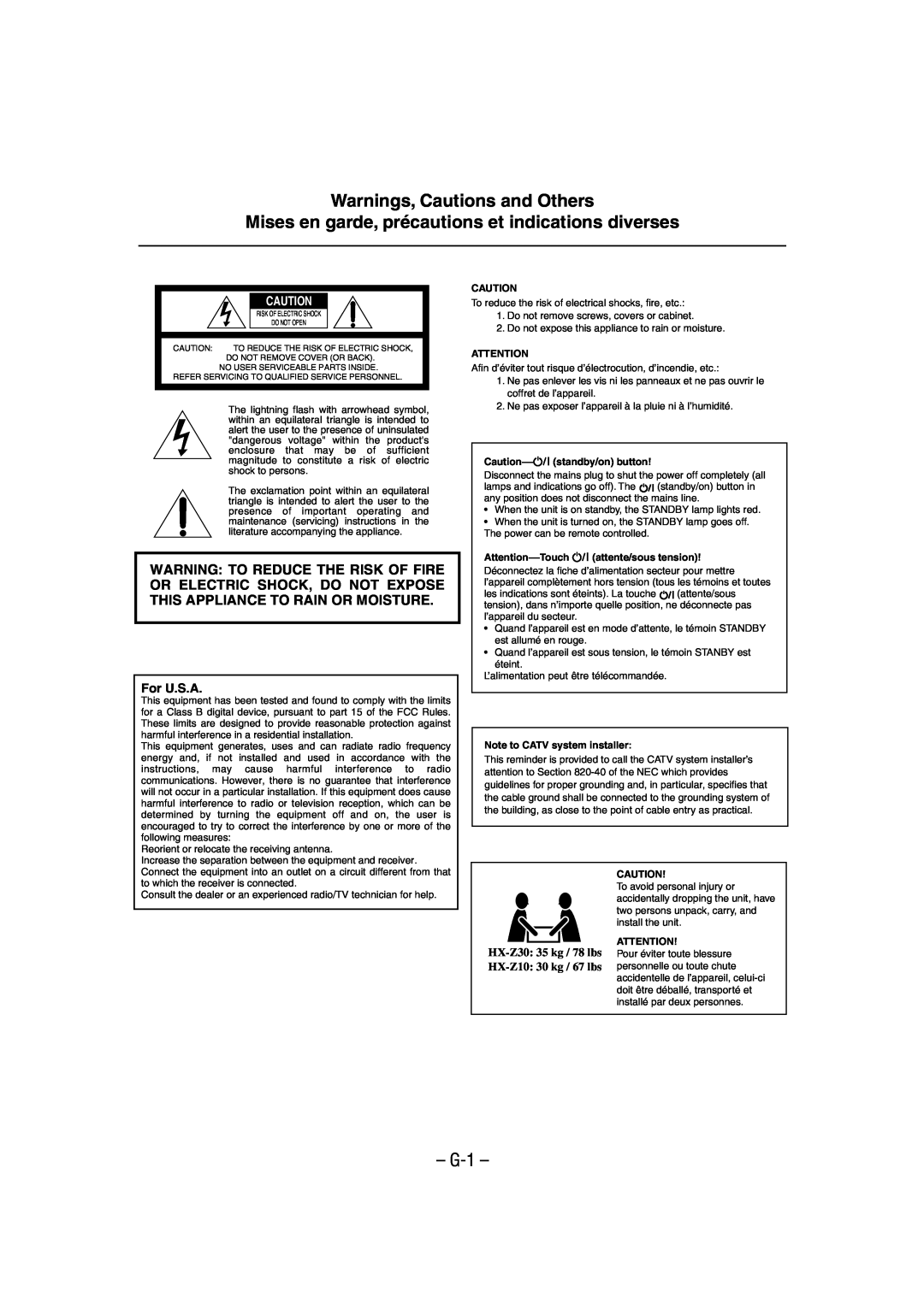 JVC HX-Z30 manual Warnings, Cautions and Others, G-1, For U.S.A, Caution--standby/on button, Note to CATV system installer 