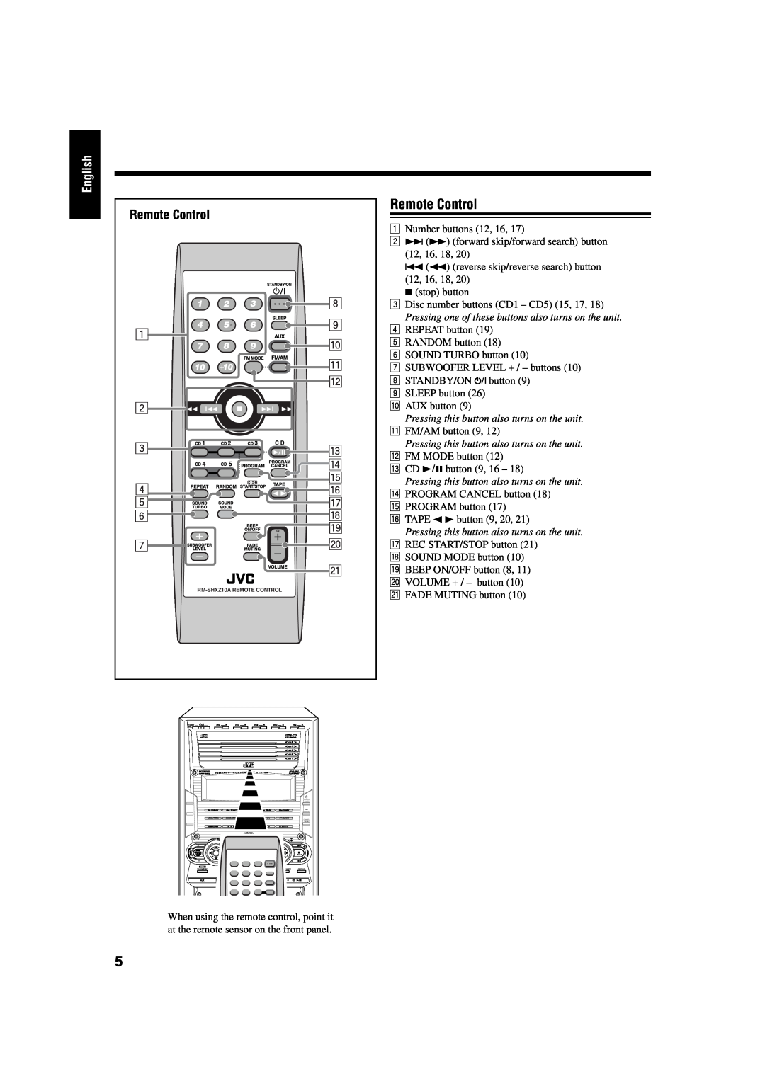 JVC HX-Z30 manual Remote Control, English 