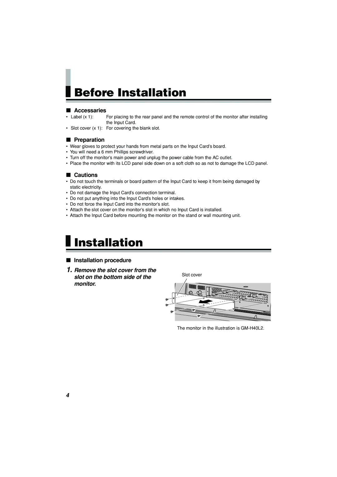 JVC IF-CF01PNG manual Before Installation, Accessaries, Preparation, Installation procedure 