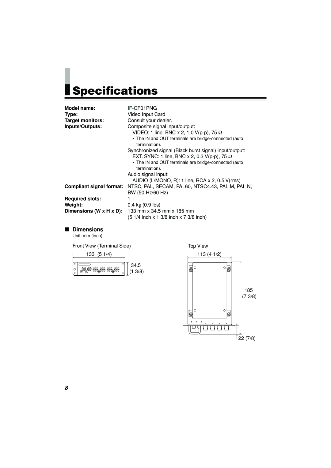 JVC IF-CF01PNG manual Specifications, Dimensions 