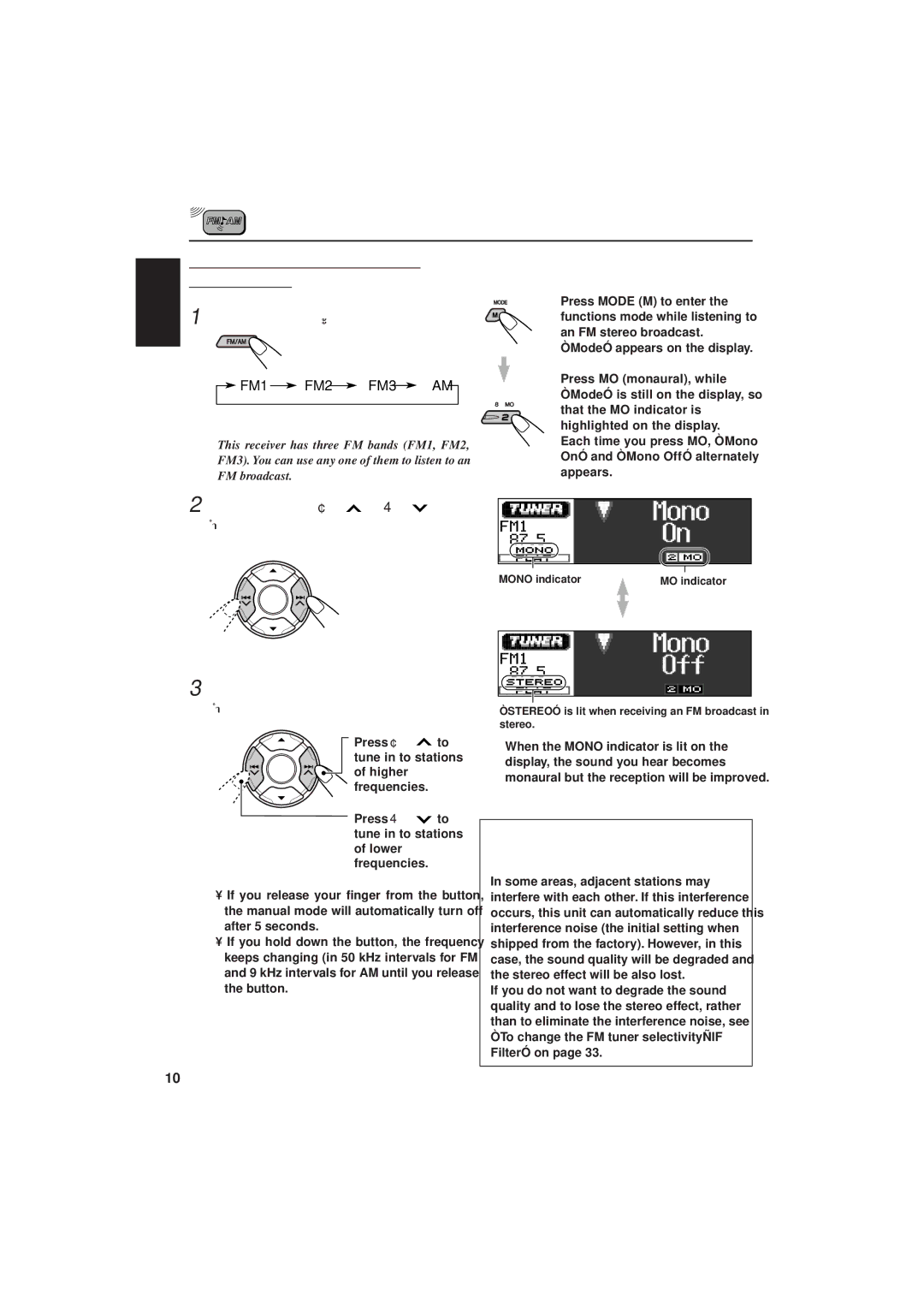 JVC IKD-LH2000 Searching for a station manually Manual search, When an FM stereo broadcast is hard to receive 