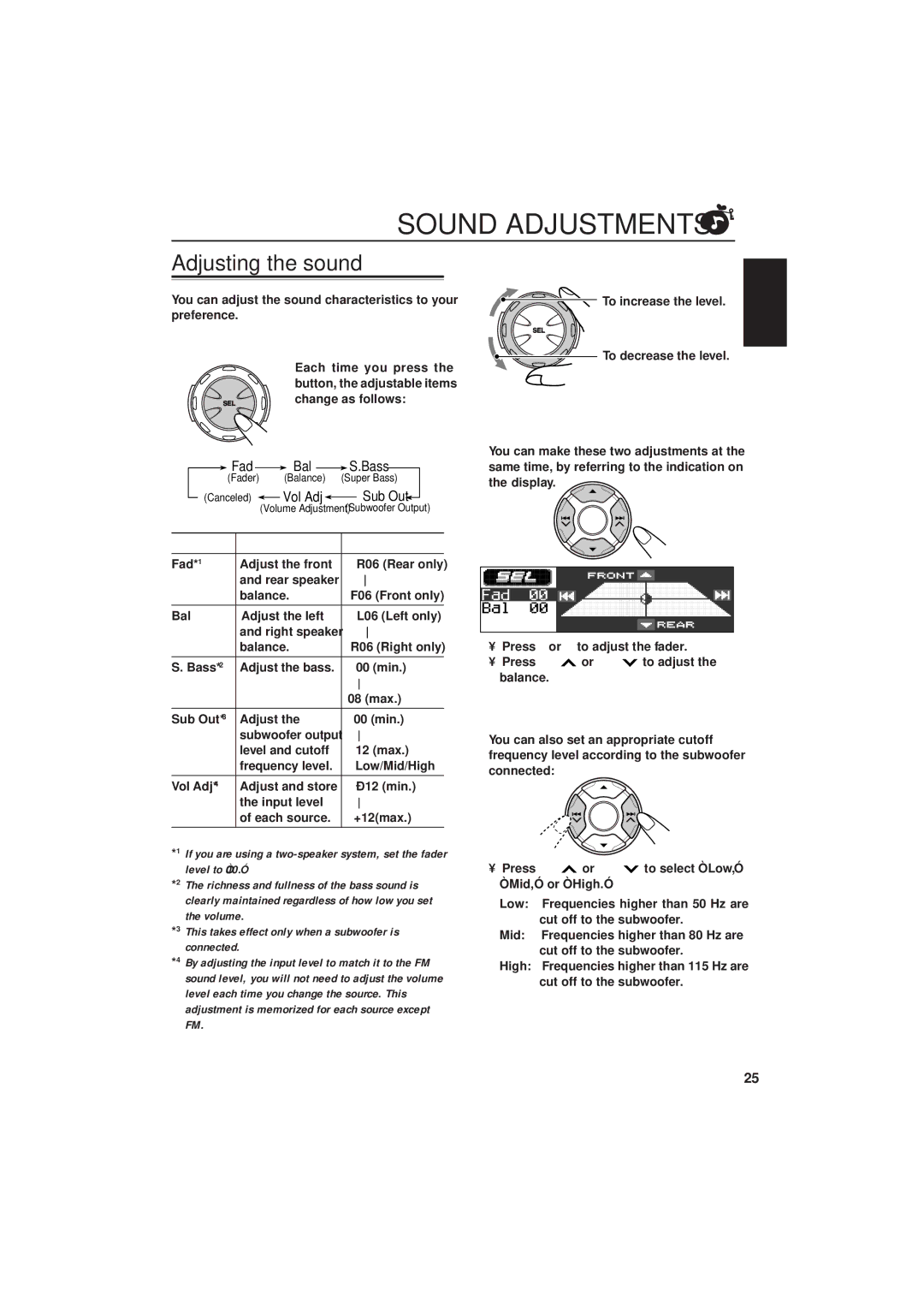 JVC IKD-LH2000 manual Sound Adjustments, Adjusting the sound, Adjust the level, Select the item you want to adjust 