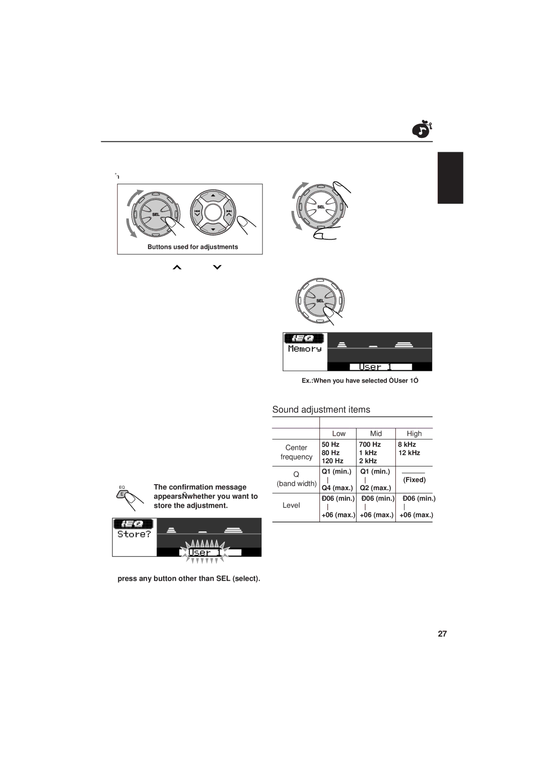 JVC IKD-LH2000 Sound adjustment items, If you want to cancel the adjustments, Selectable values, Band Low Mid High, Level 