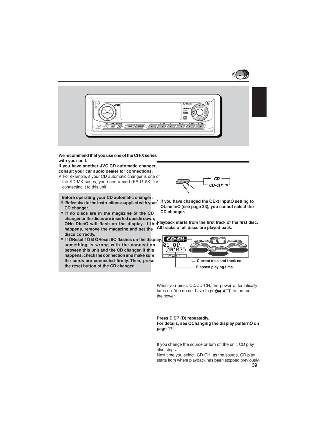 JVC IKD-LH2000 manual CD Changer Operations, Playing CDs, To change the information shown on the display 