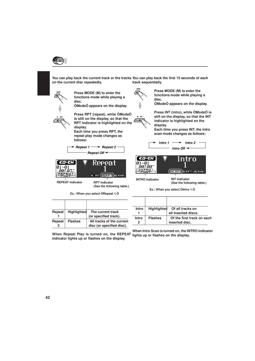 JVC IKD-LH2000 manual To play back tracks repeatedly Repeat Play, On the current disc repeatedly 