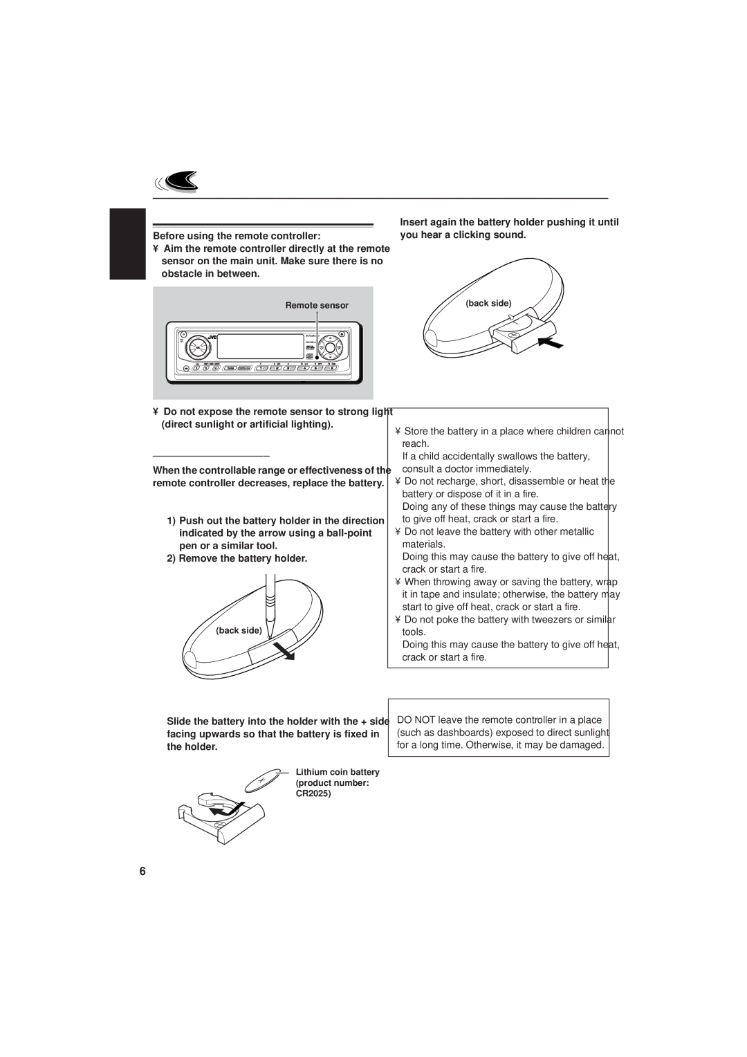 JVC IKD-LH2000 manual Preparing the remote controller, Installing the battery, Remove the battery holder, Place the battery 