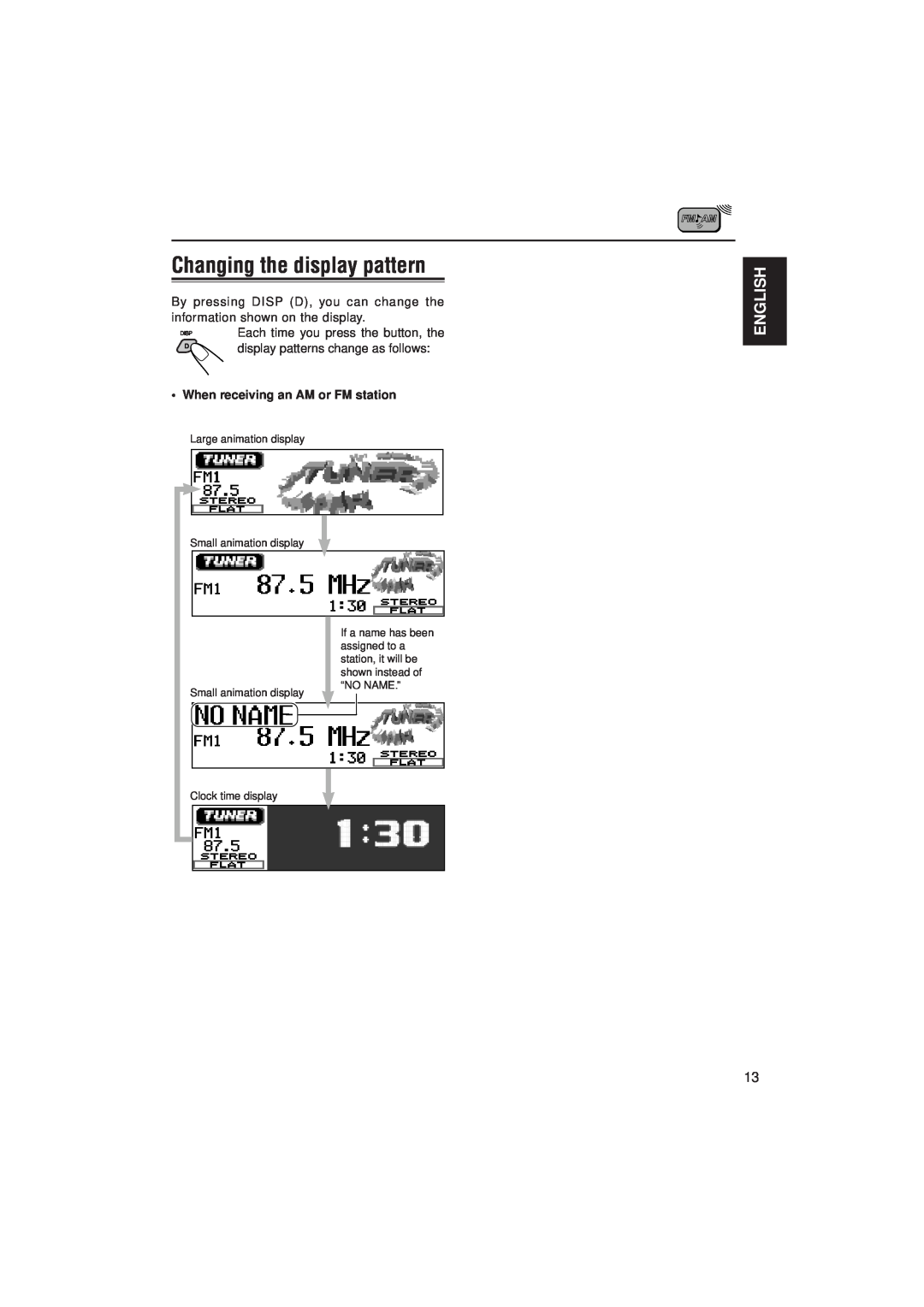 JVC IKD-LH2000 manual Changing the display pattern, English, •When receiving an AM or FM station 