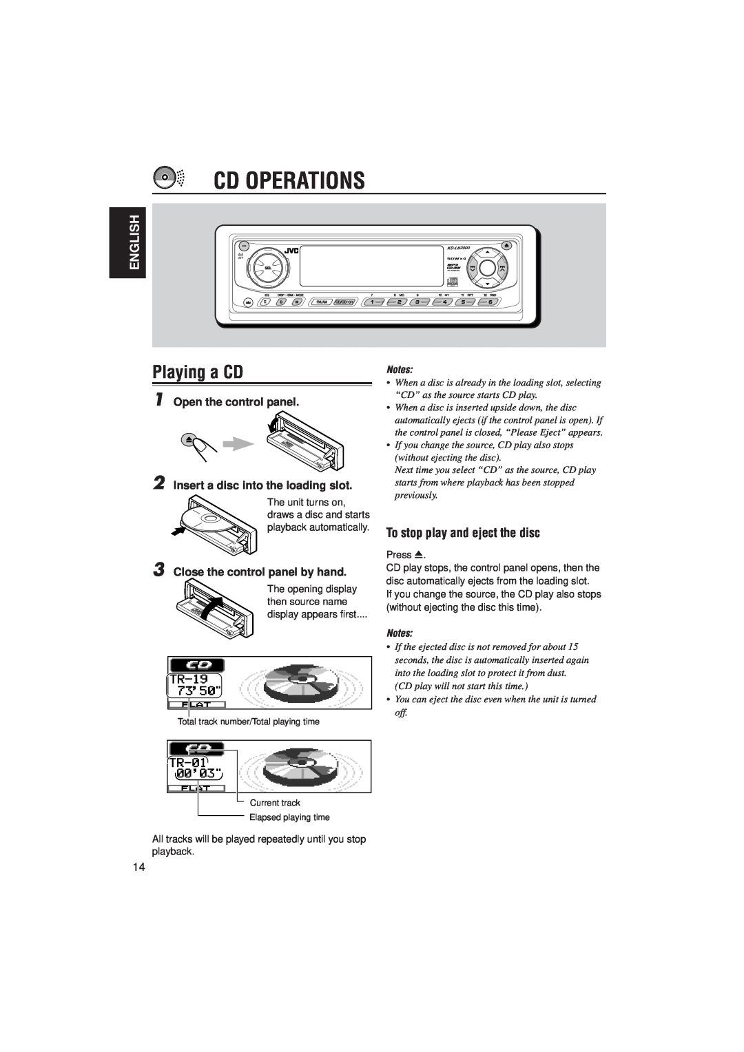 JVC IKD-LH2000 manual Cd Operations, Playing a CD, English, To stop play and eject the disc, Notes 