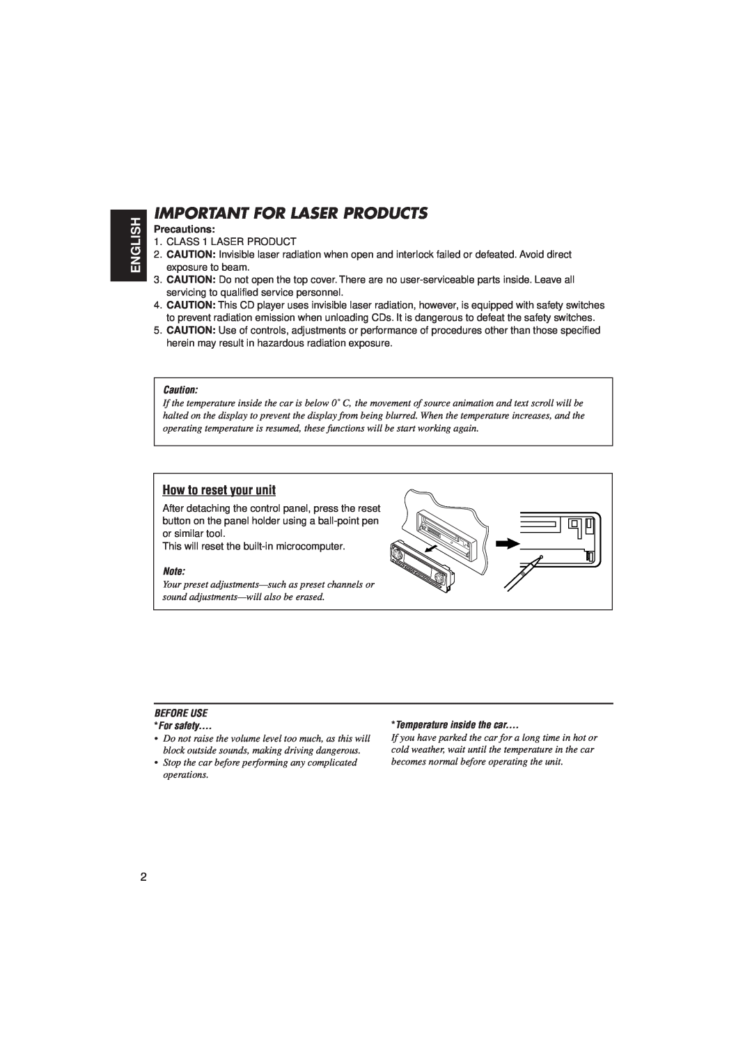JVC IKD-LH2000 manual Important For Laser Products, English, How to reset your unit, Precautions, BEFORE USE For safety 