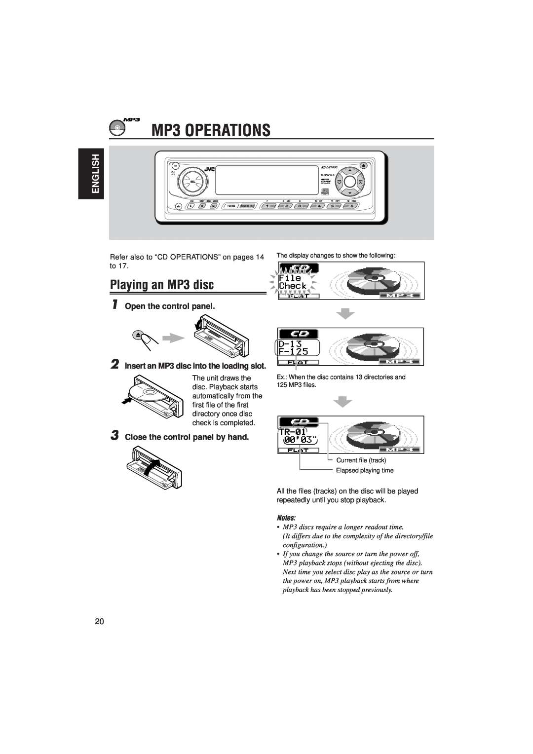 JVC IKD-LH2000 manual MP3 OPERATIONS, Playing an MP3 disc, English, Notes 