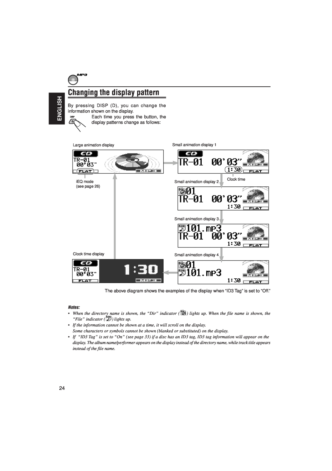 JVC IKD-LH2000 manual Changing the display pattern, English, Notes, “File” indicator lights up 