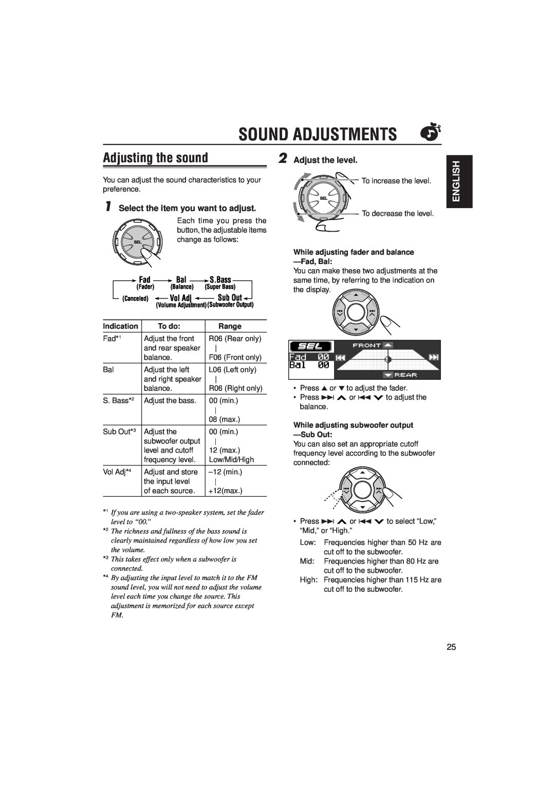 JVC IKD-LH2000 Sound Adjustments, Adjusting the sound, To do, Range, While adjusting fader and balance —Fad,Bal, English 