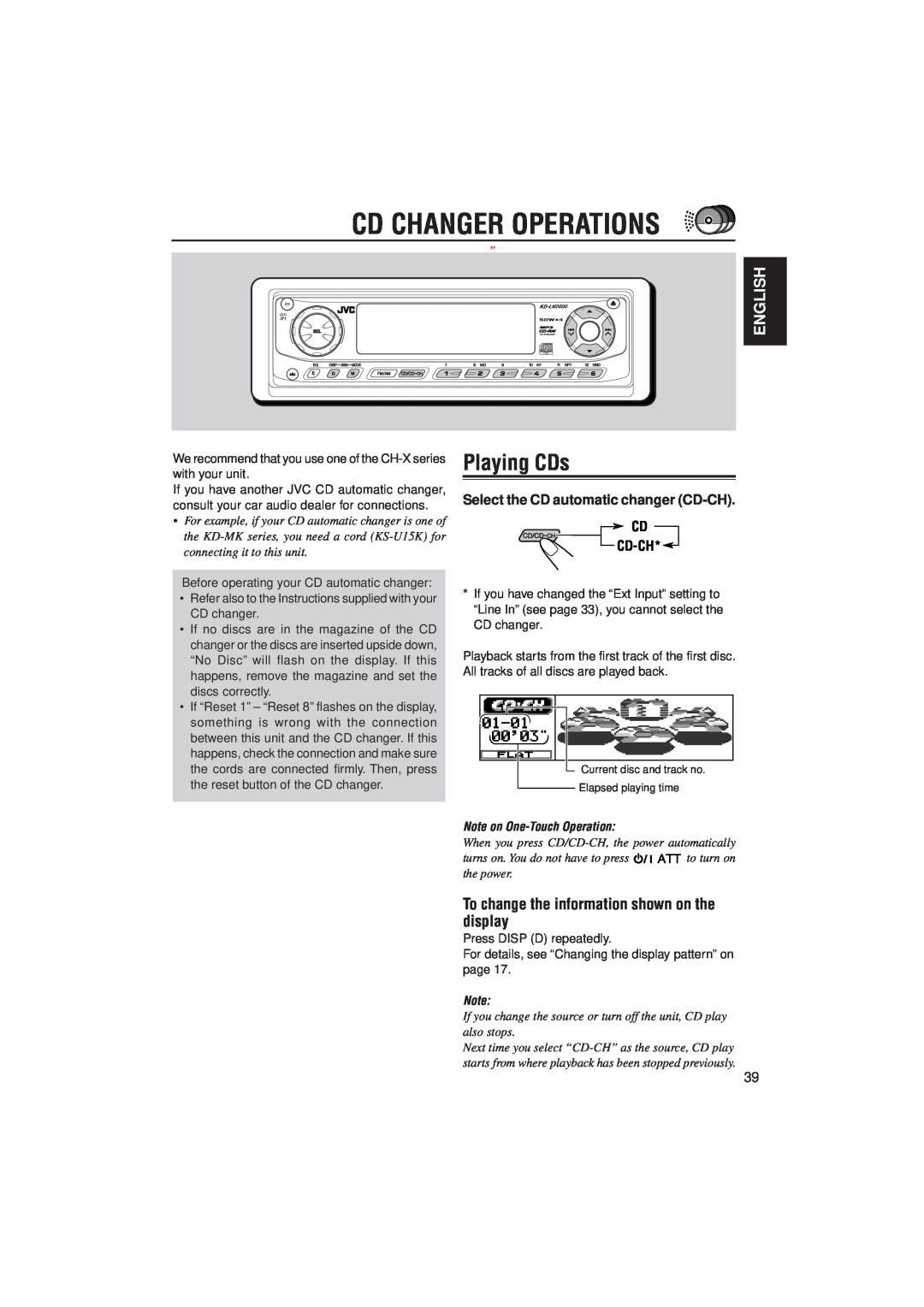 JVC IKD-LH2000 manual Cd Changer Operations, Playing CDs, English, To change the information shown on the display 