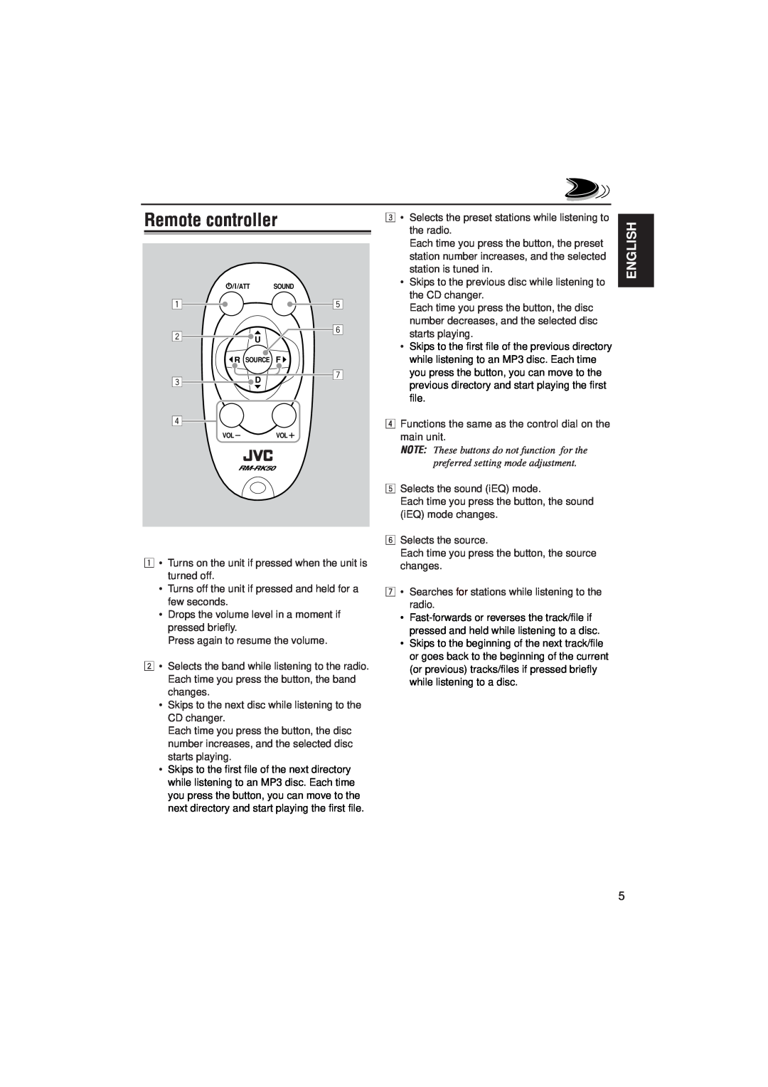 JVC IKD-LH2000 manual Remote controller, English 