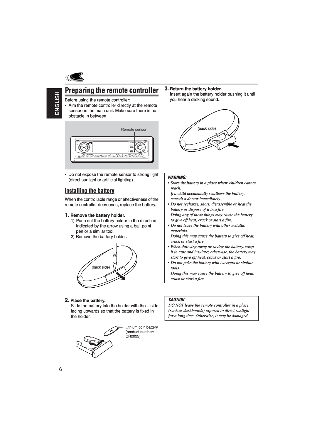 JVC IKD-LH2000 manual Preparing the remote controller, Installing the battery, English, Remove the battery holder 