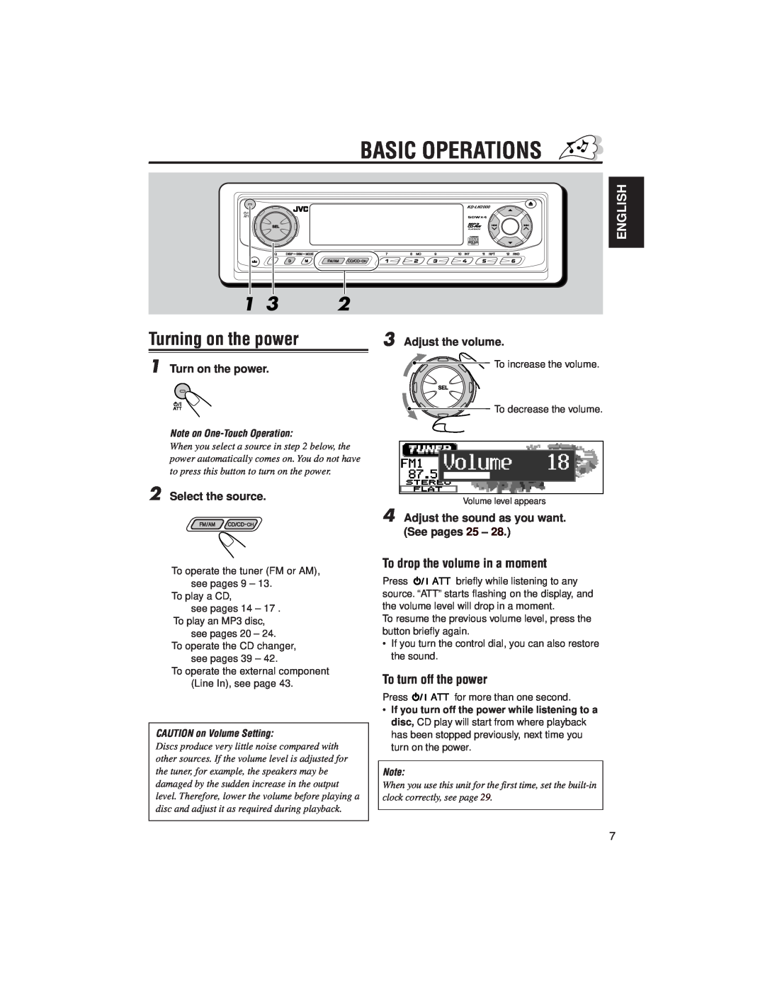 JVC IKD-LH2000 Basic Operations, Turning on the power, English, To drop the volume in a moment, To turn off the power 