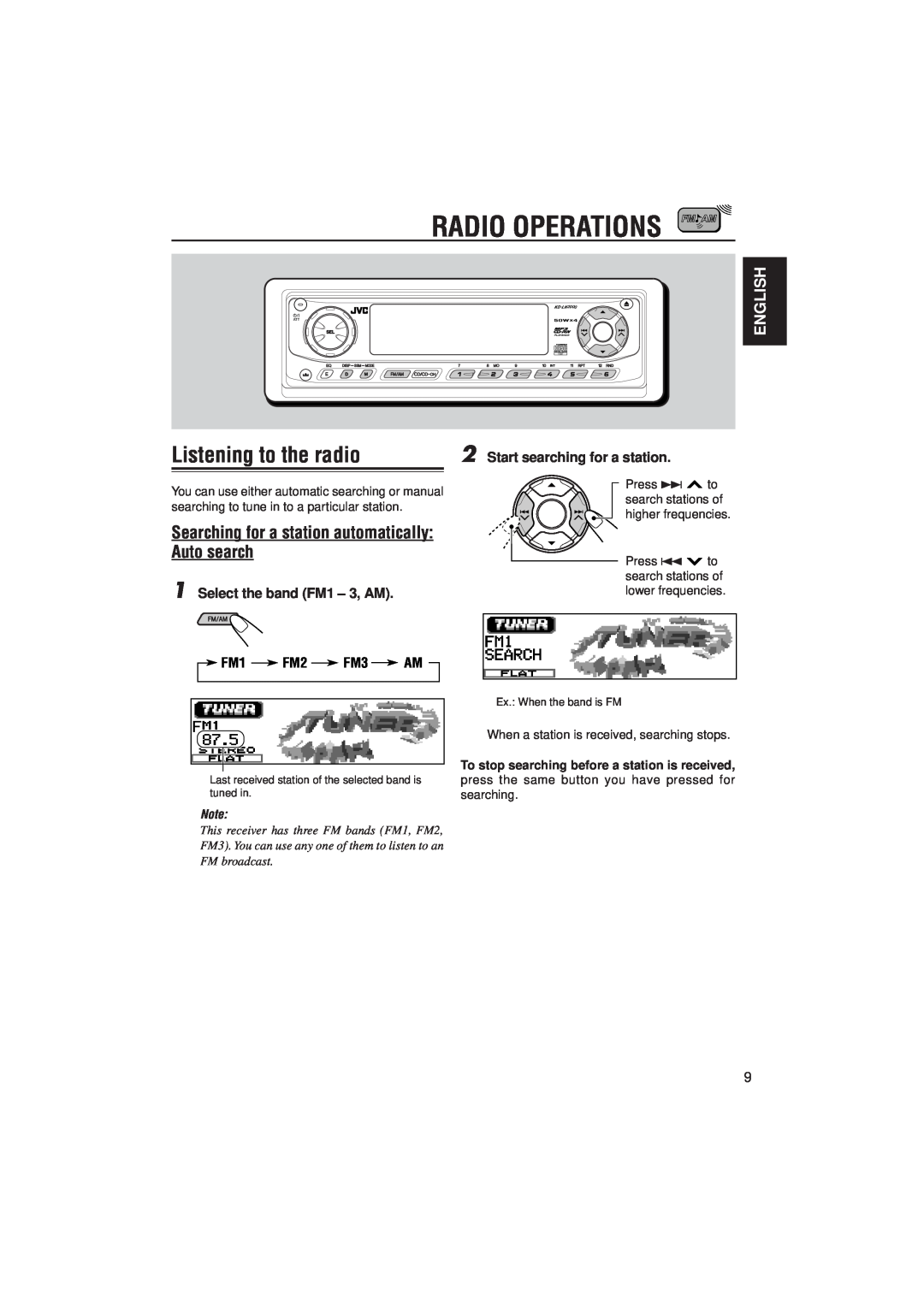 JVC IKD-LH2000 manual Radio Operations, Listening to the radio, English, Press 4 to search stations of lower frequencies 