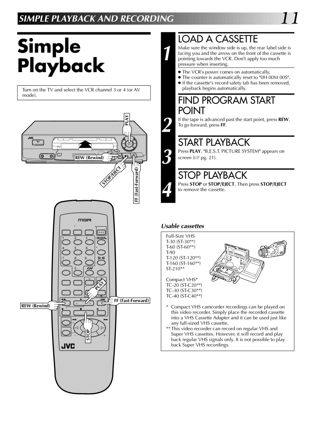 JVC InHR-J4404UM manual Simple Playback, Load a Cassette, Find Program Start Point, Start Playback, Stop Playback 