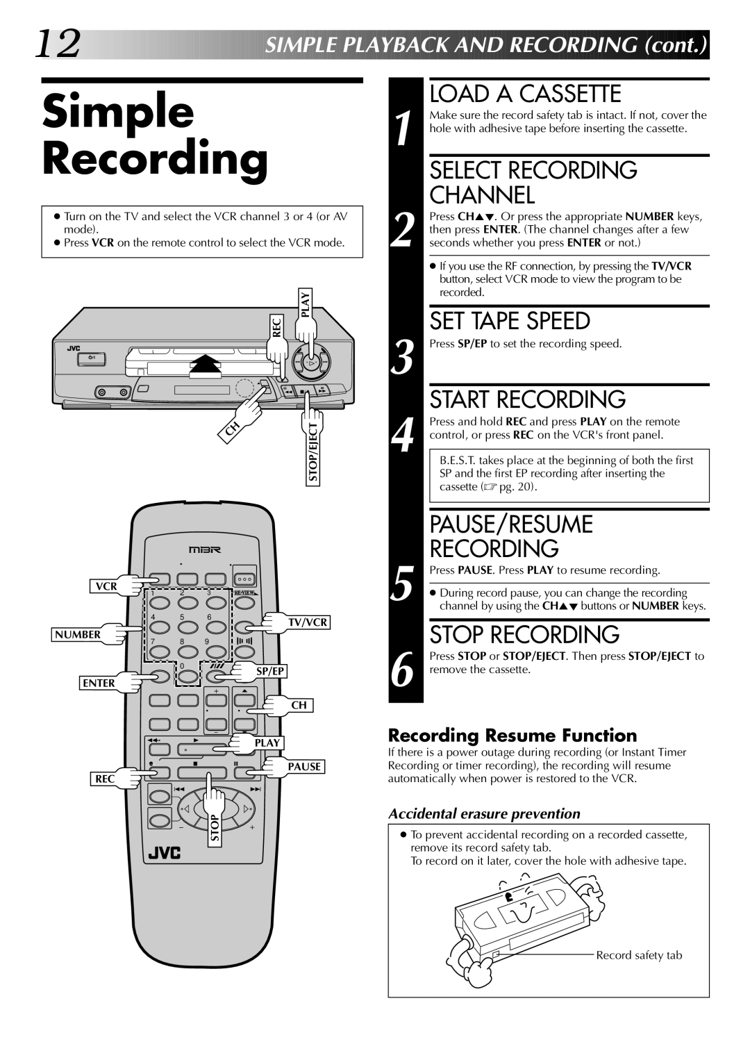 JVC InHR-J4404UM manual Simple Recording 