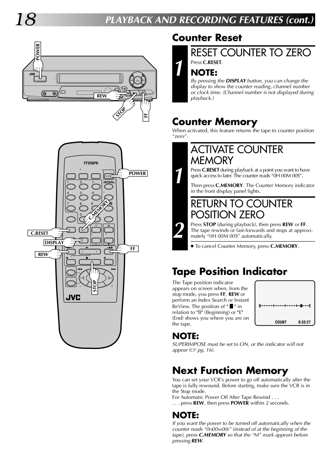 JVC InHR-J4404UM manual Activate Counter, Memory, Return to Counter Position Zero 