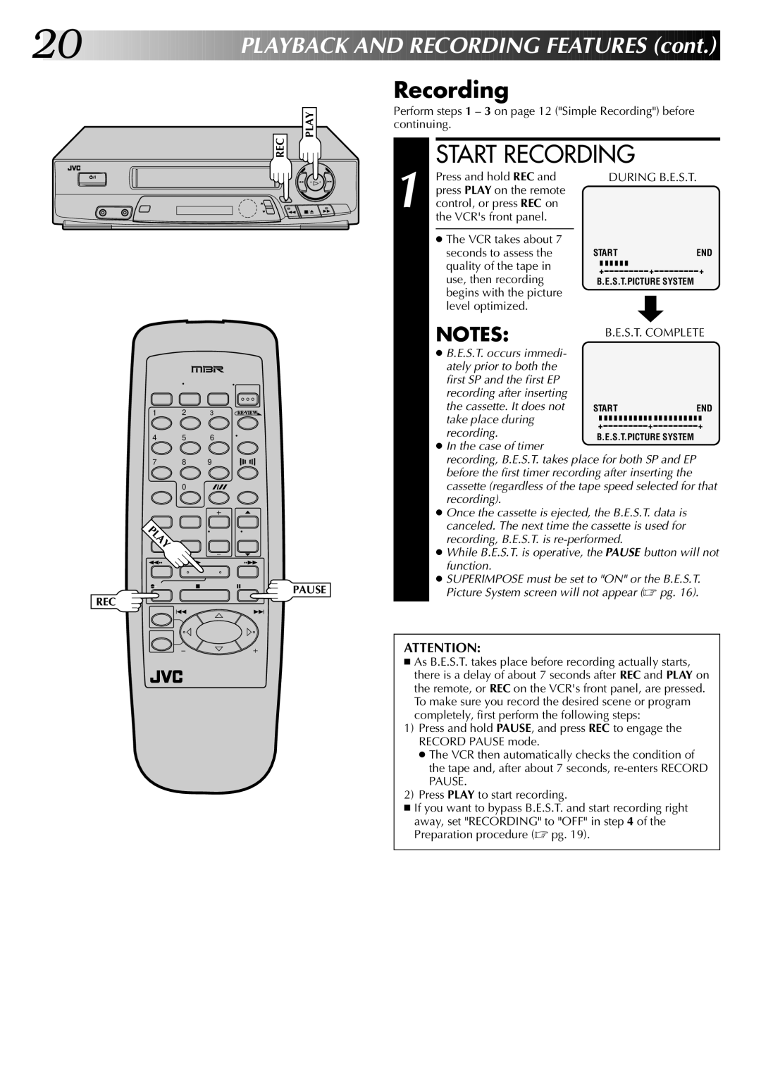 JVC InHR-J4404UM manual Recording, Press and hold REC, Quality of the tape Use, then recording 