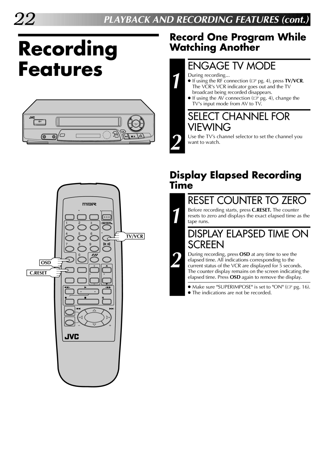 JVC InHR-J4404UM manual Recording Features, Engage TV Mode, Select Channel for Viewing, Reset Counter to Zero 