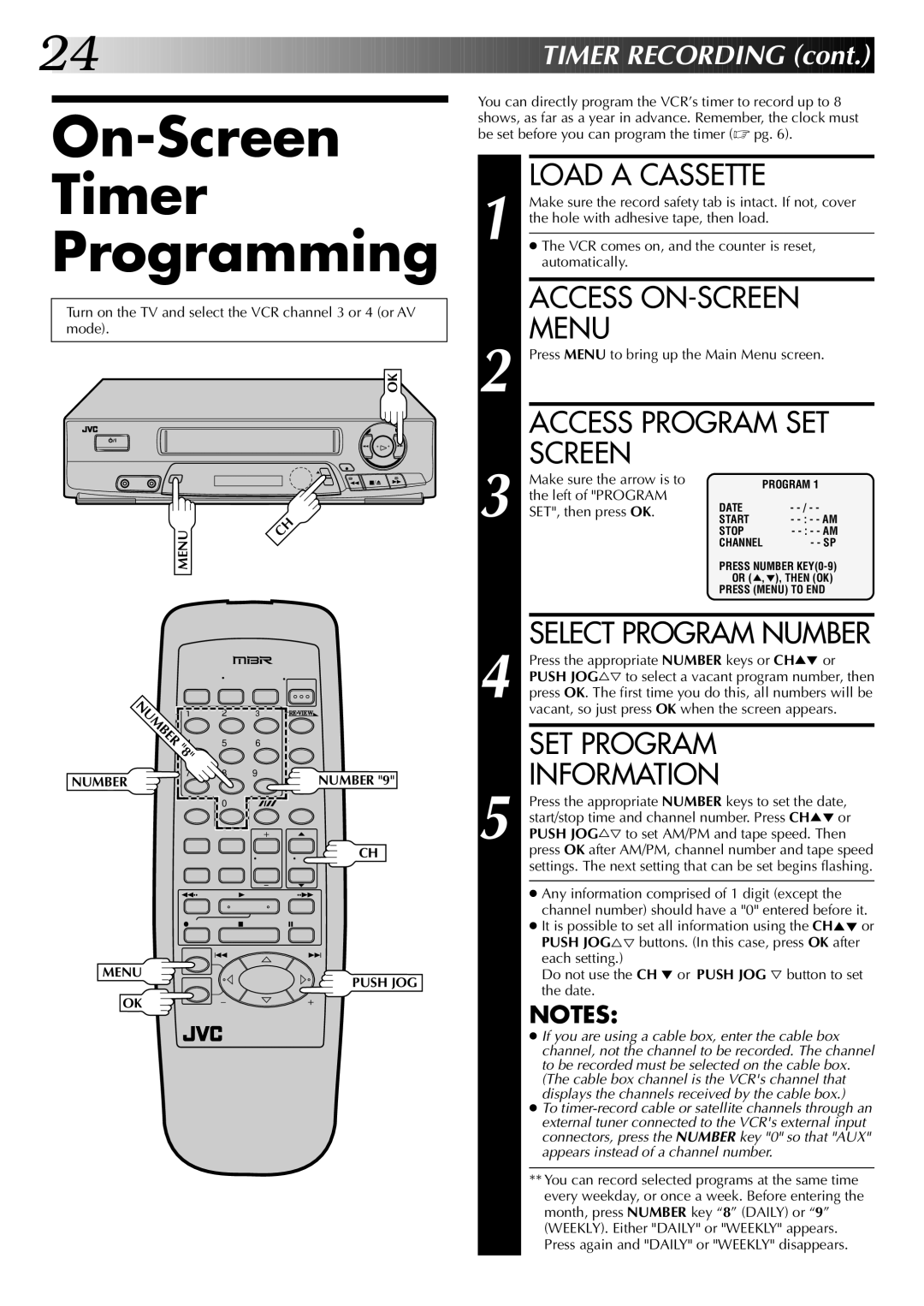 JVC InHR-J4404UM manual On-Screen Timer Programming, Access ON-SCREEN Menu, Access Program SET Screen, Information 