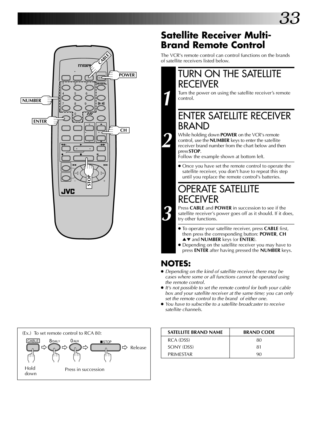 JVC InHR-J4404UM manual Turn on the Satellite Receiver, Brand, Operate Satellite Receiver, Ex. To set remote control to RCA 