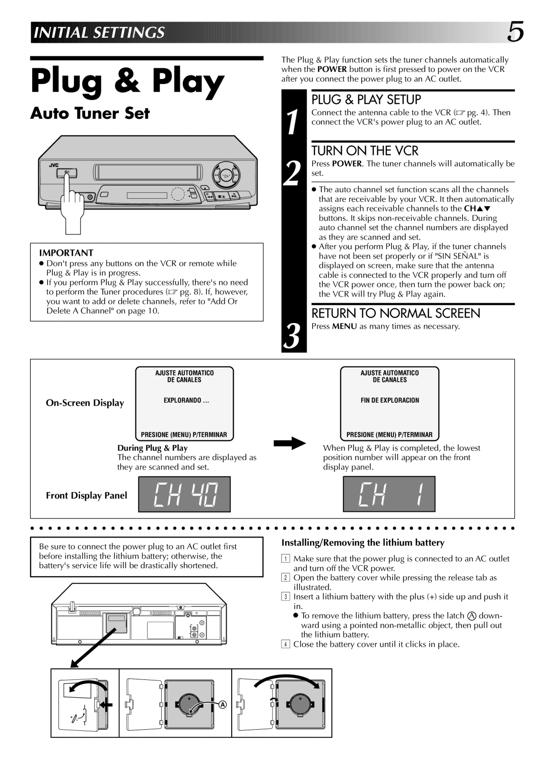 JVC InHR-J4404UM manual Auto Tuner Set, Press Menu as many times as necessary, During Plug & Play 