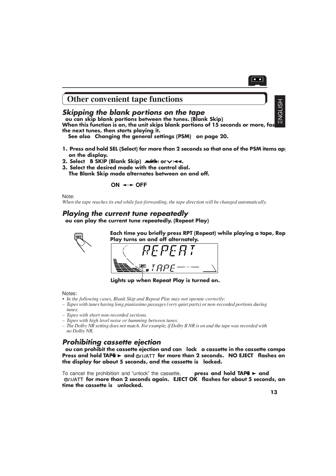 JVC Instructions Other convenient tape functions, Skipping the blank portions on the tape, Prohibiting cassette ejection 