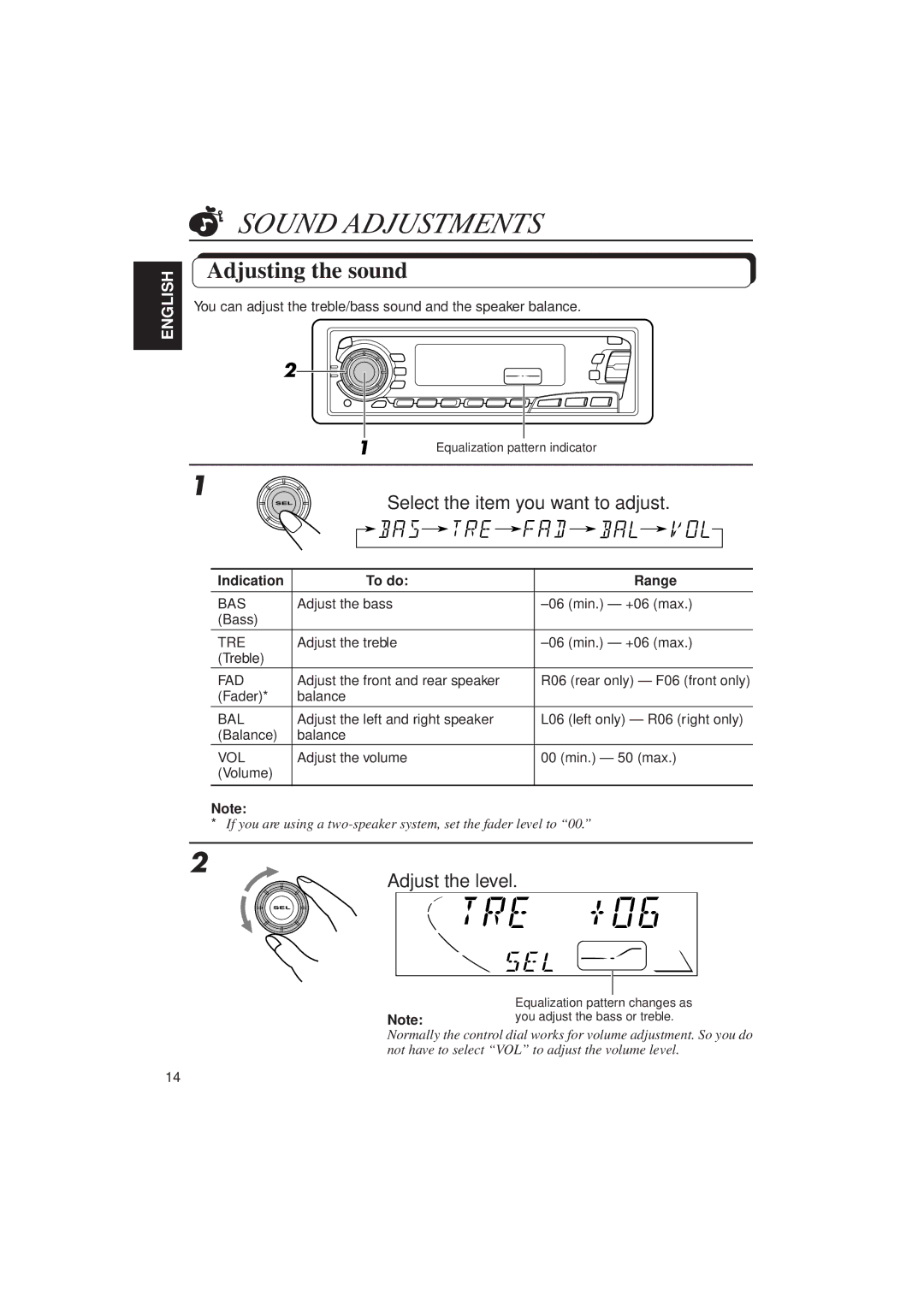 JVC Instructions manual Sound Adjustments, Adjusting the sound, Select the item you want to adjust, Adjust the level 