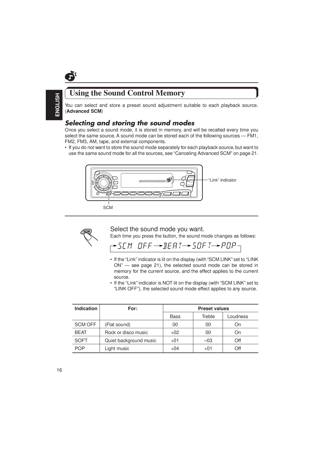 JVC Instructions Using the Sound Control Memory, Selecting and storing the sound modes, Select the sound mode you want 