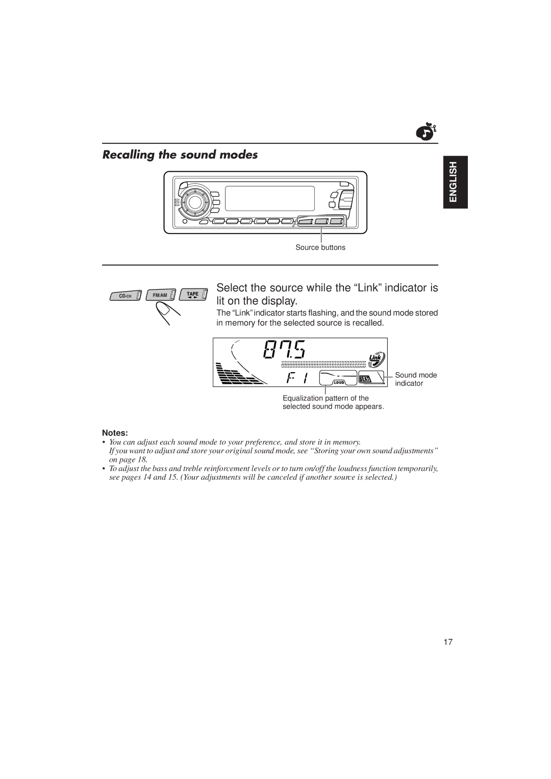 JVC Instructions manual Recalling the sound modes, Select the source while the Link indicator is 