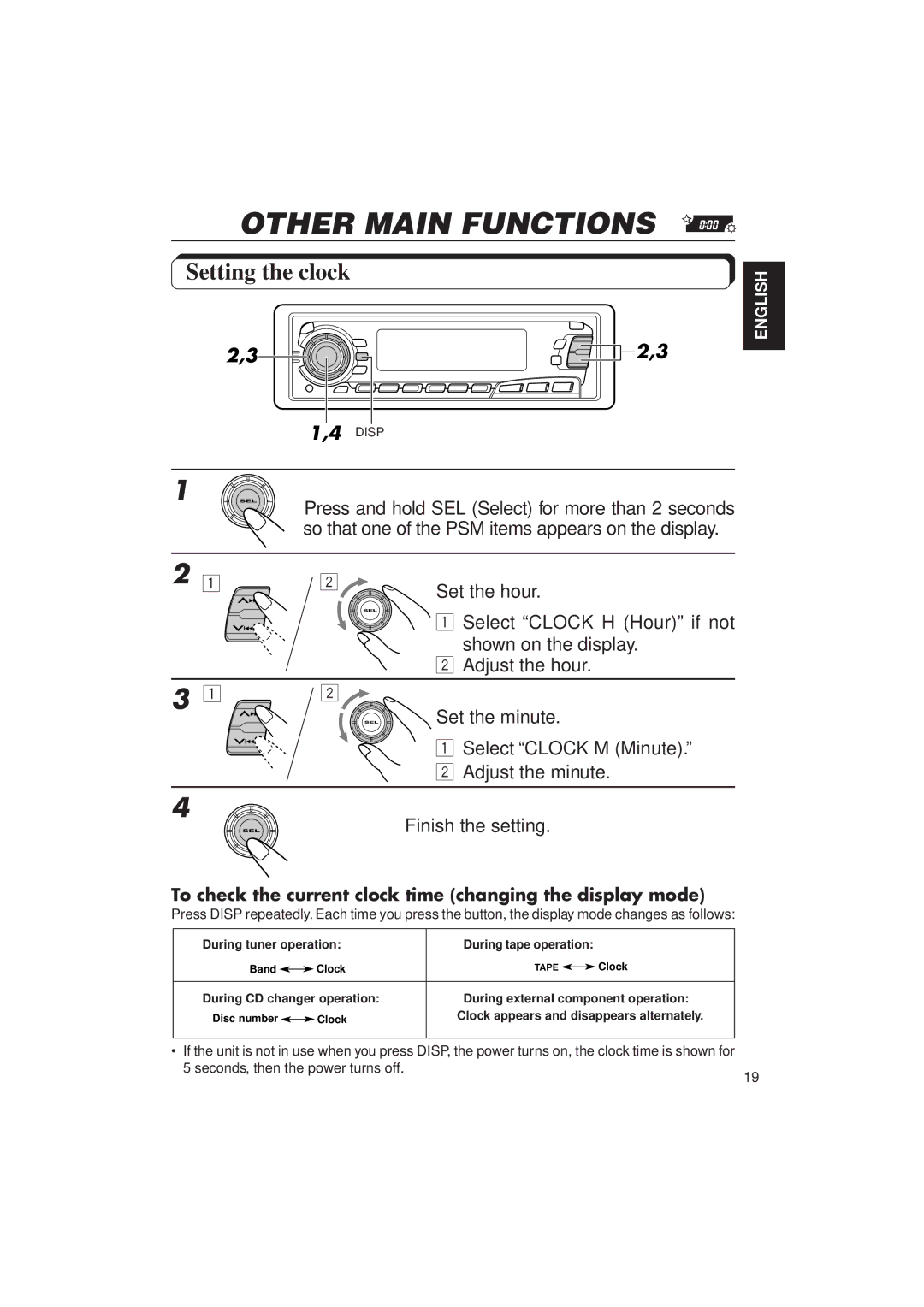 JVC Instructions manual Other Main Functions, Setting the clock, To check the current clock time changing the display mode 