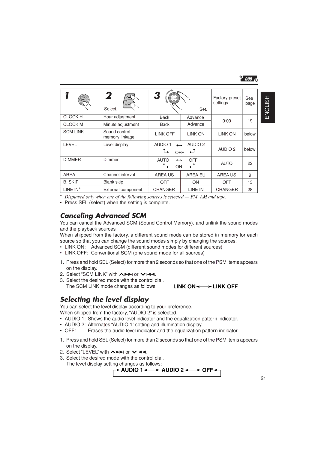 JVC Instructions manual Canceling Advanced SCM, Selecting the level display, SCM Link mode changes as follows 