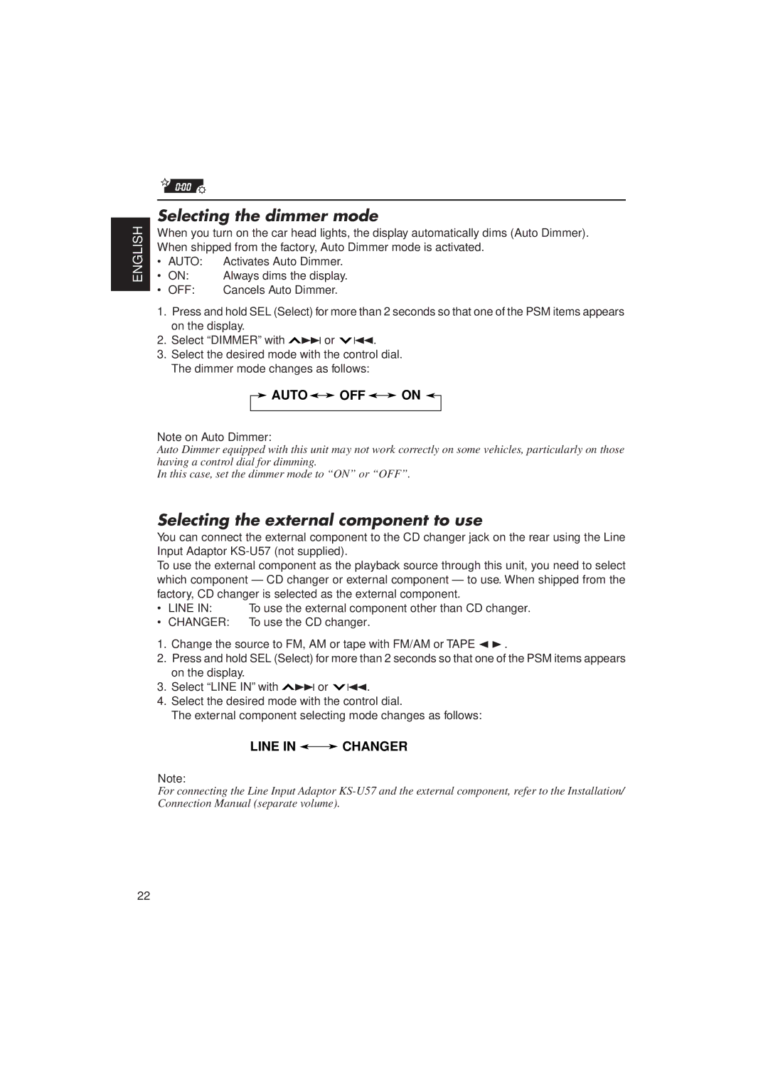 JVC Instructions manual Selecting the dimmer mode, Selecting the external component to use 