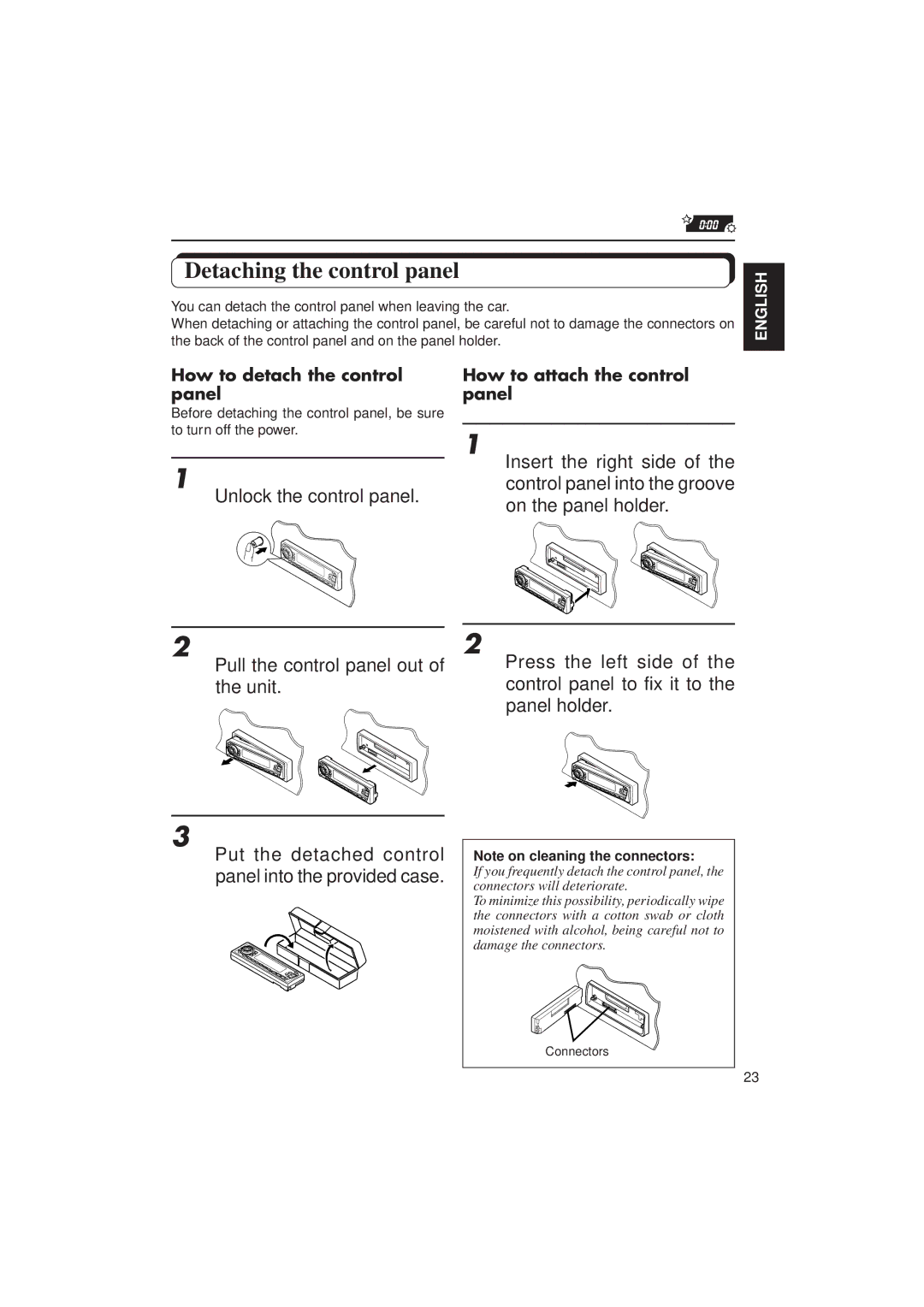 JVC Instructions manual Detaching the control panel, Unlock the control panel, How to detach the control panel 