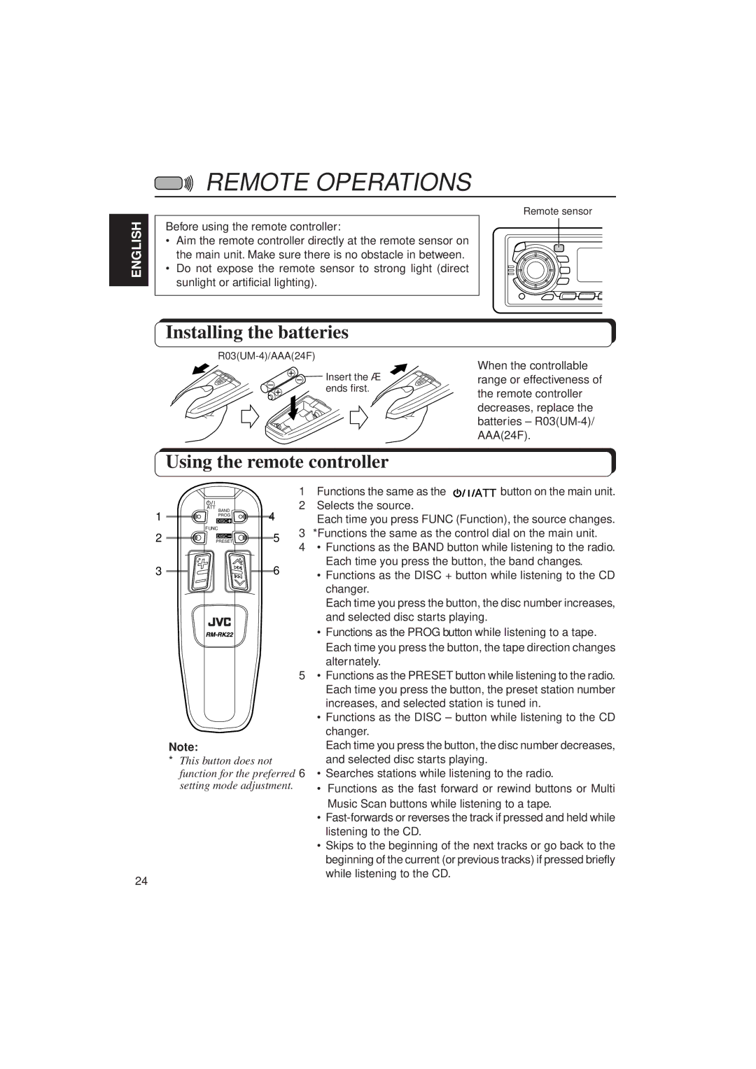 JVC Instructions manual Remote Operations, Installing the batteries, Using the remote controller 