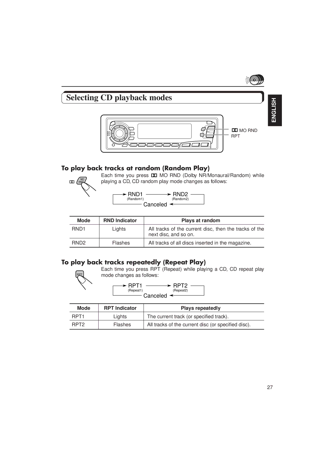 JVC Instructions manual Selecting CD playback modes, To play back tracks at random Random Play 