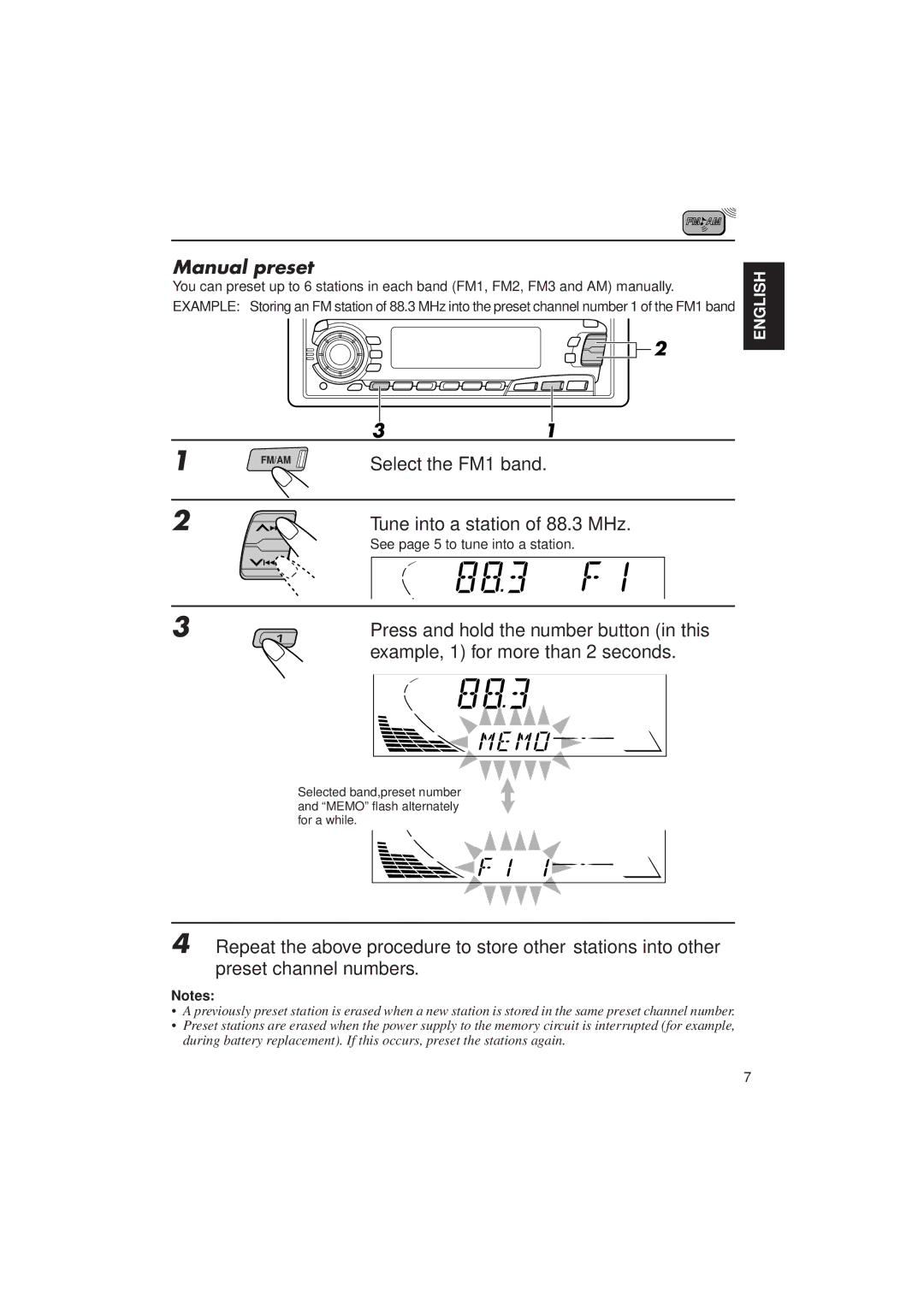 JVC Instructions manual Manual preset, Press and hold the number button in this, Example, 1 for more than 2 seconds 